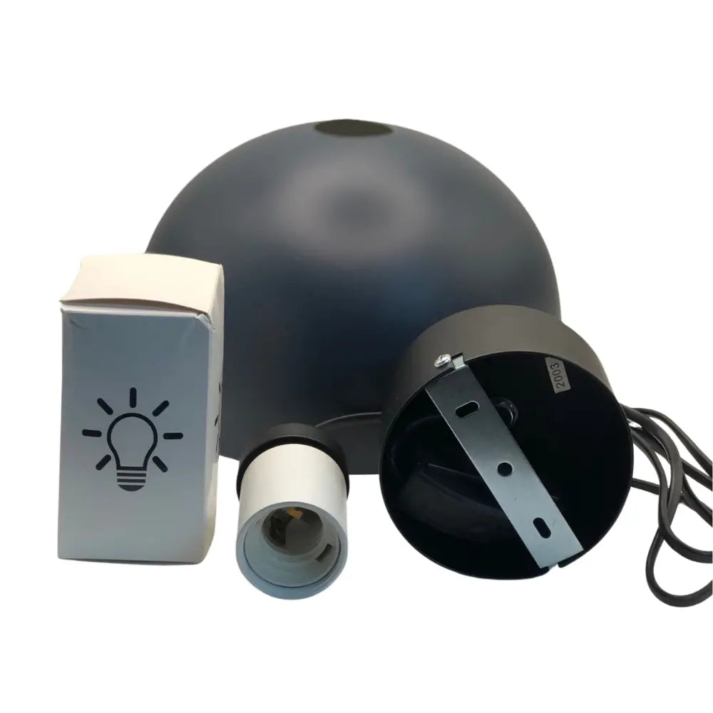 Light fixture components including a black lampshade, socket, and switch