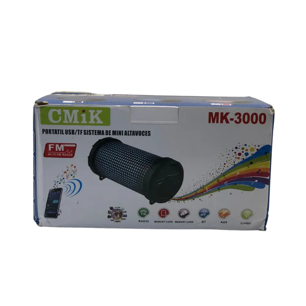 Box of a portable USB/TF mini speaker system with colorful design and branding on a white background.