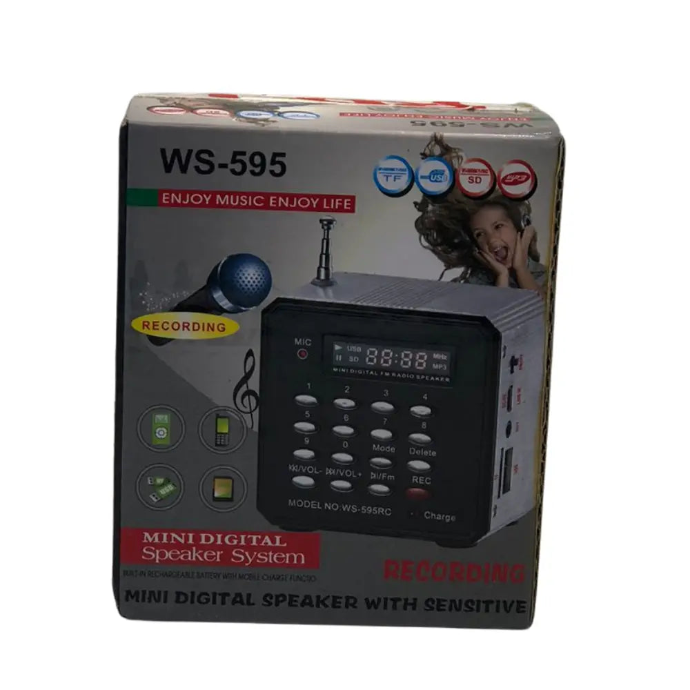 Box of a mini digital speaker system model WS-595 with branding and product features.