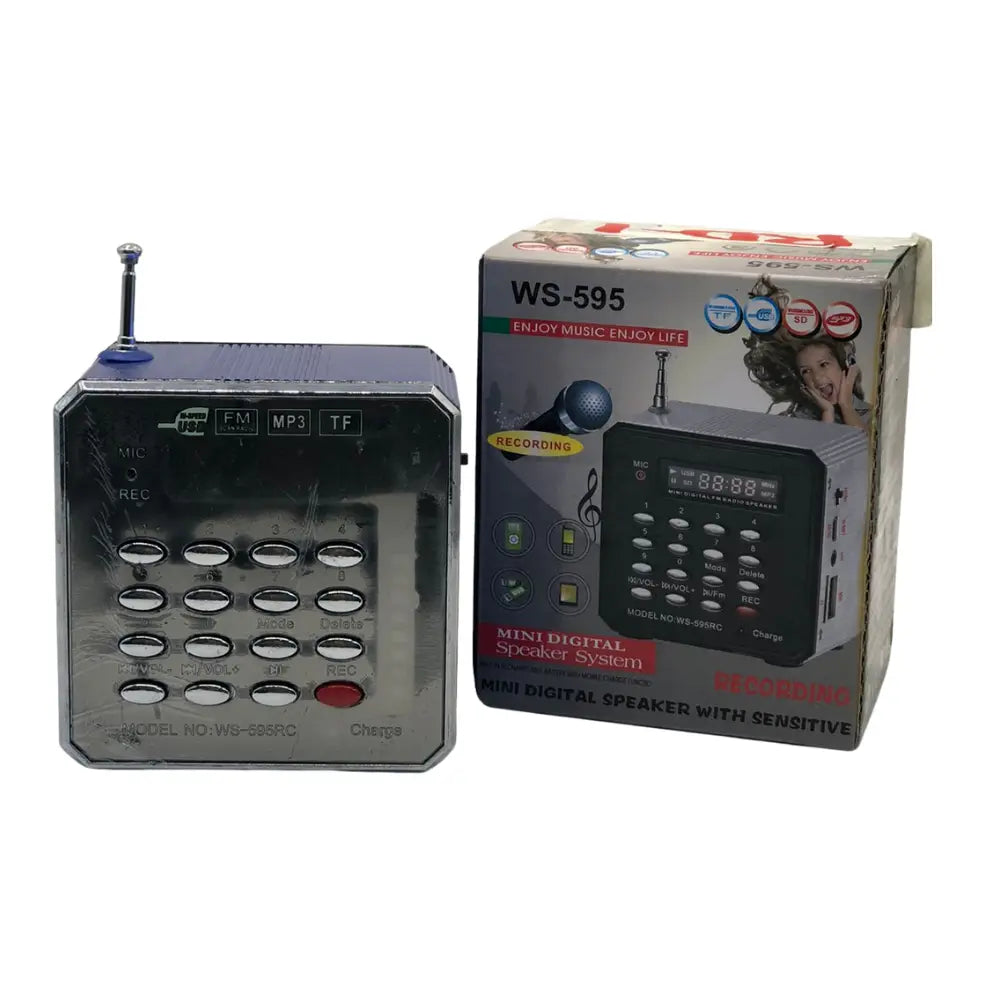 Mini digital speaker WS-595 with packaging on a white background