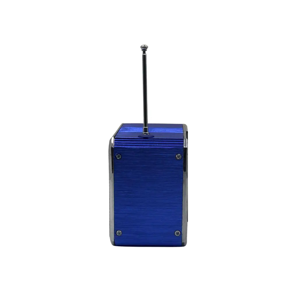 Blue radio receiver with a black antenna on a white background