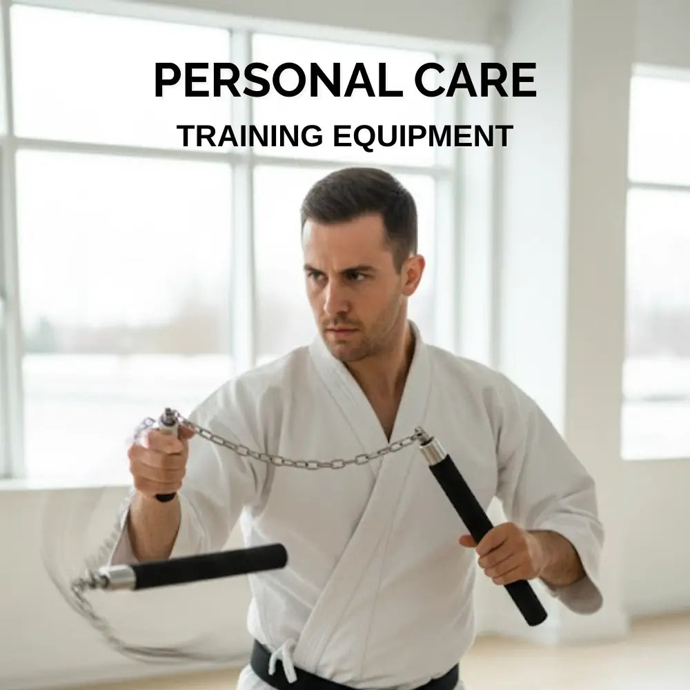 Man in a white martial arts uniform holding Nunchucks training equipment