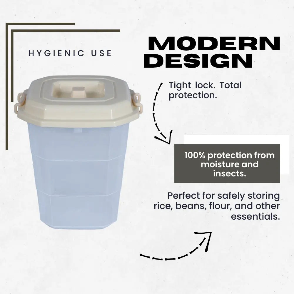 Container with a beige lid featuring text about hygienic use and modern design.
