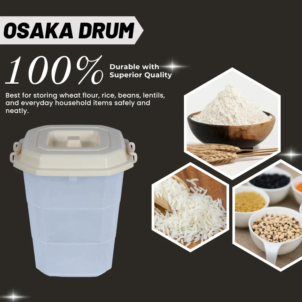 Osaka Beige Drum storage container with images of stored items