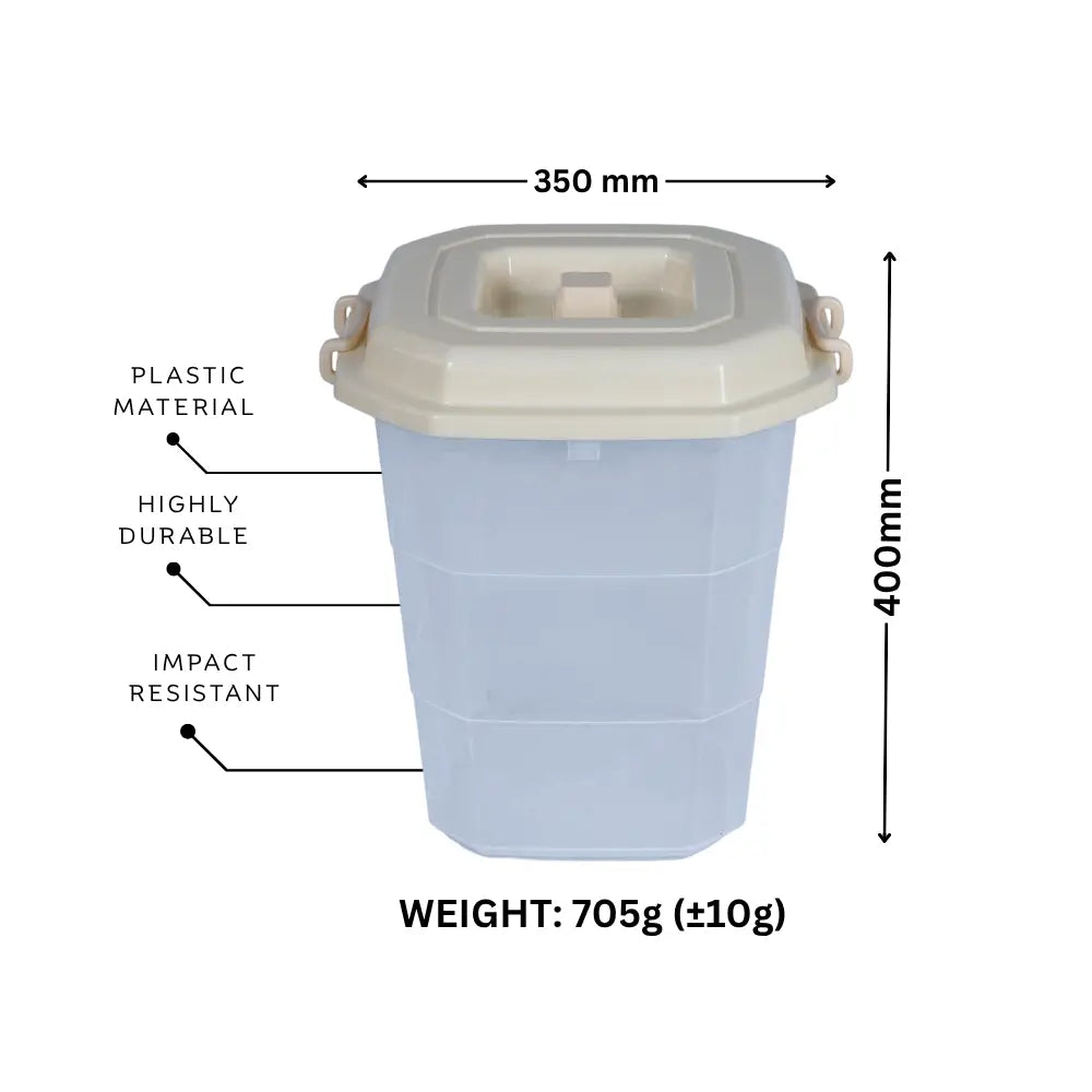 Beige Plastic storage container with dimensions and material properties