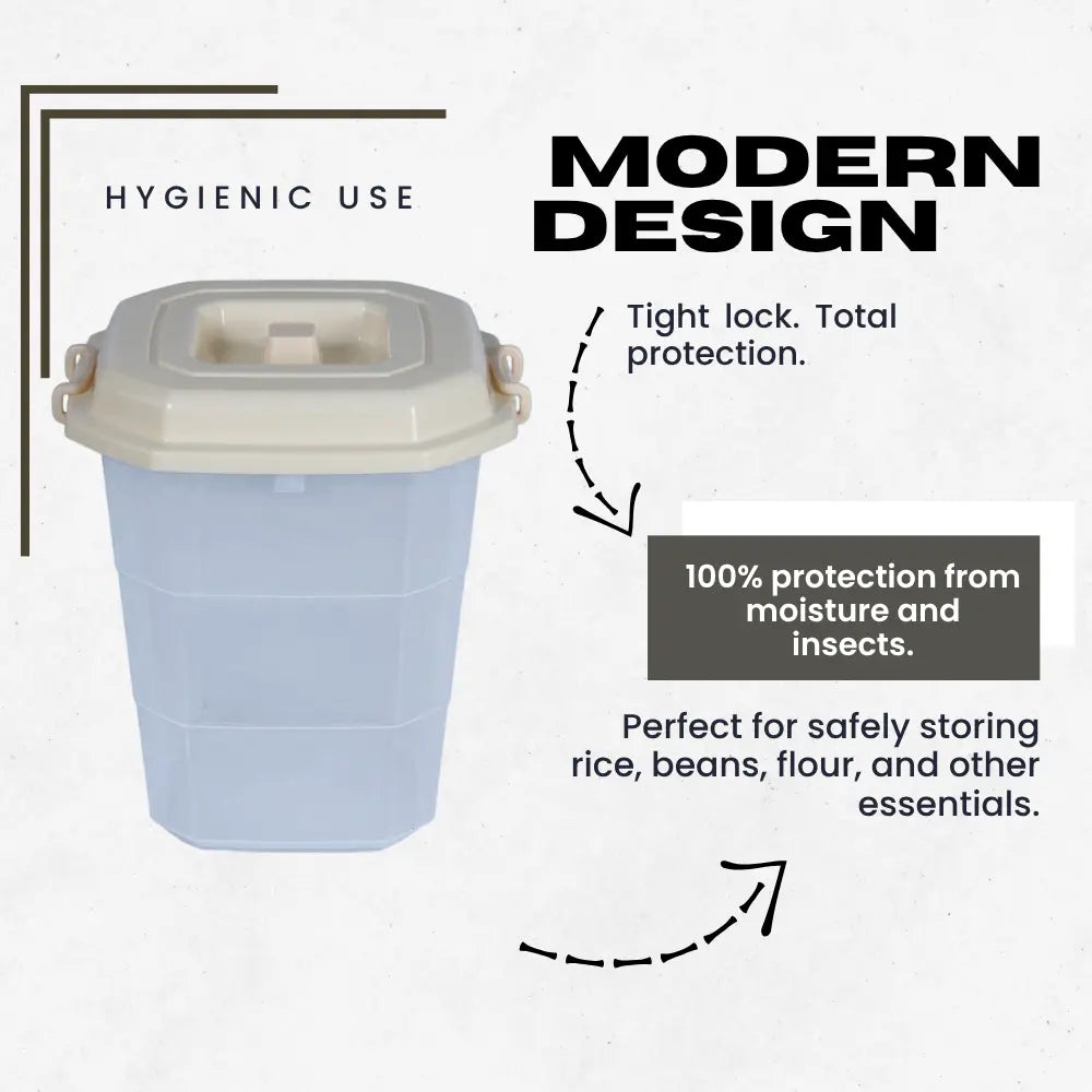 Beige storage Container with a lid, featuring text about hygienic use and modern design.