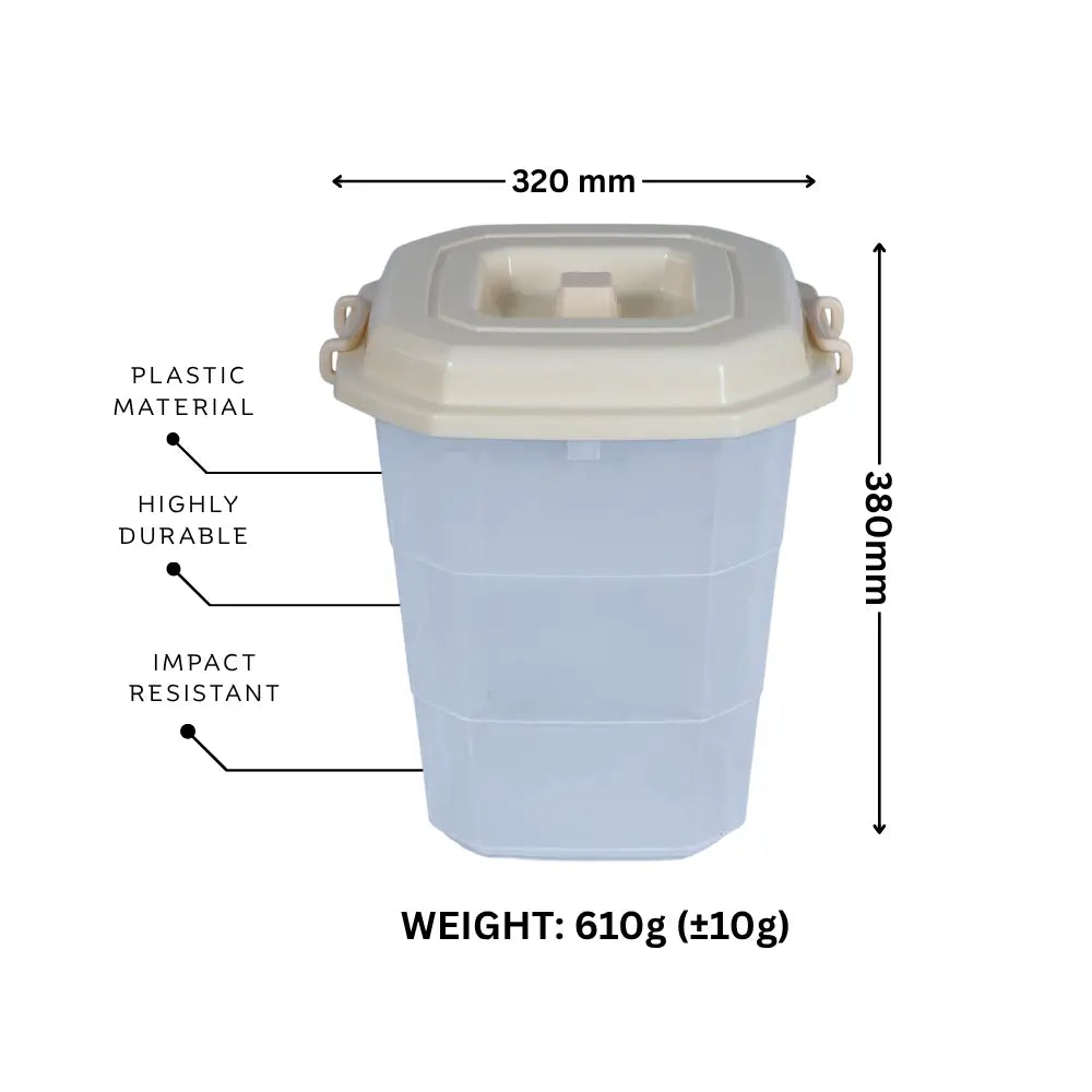 Beige storage container with dimensions and material properties.
