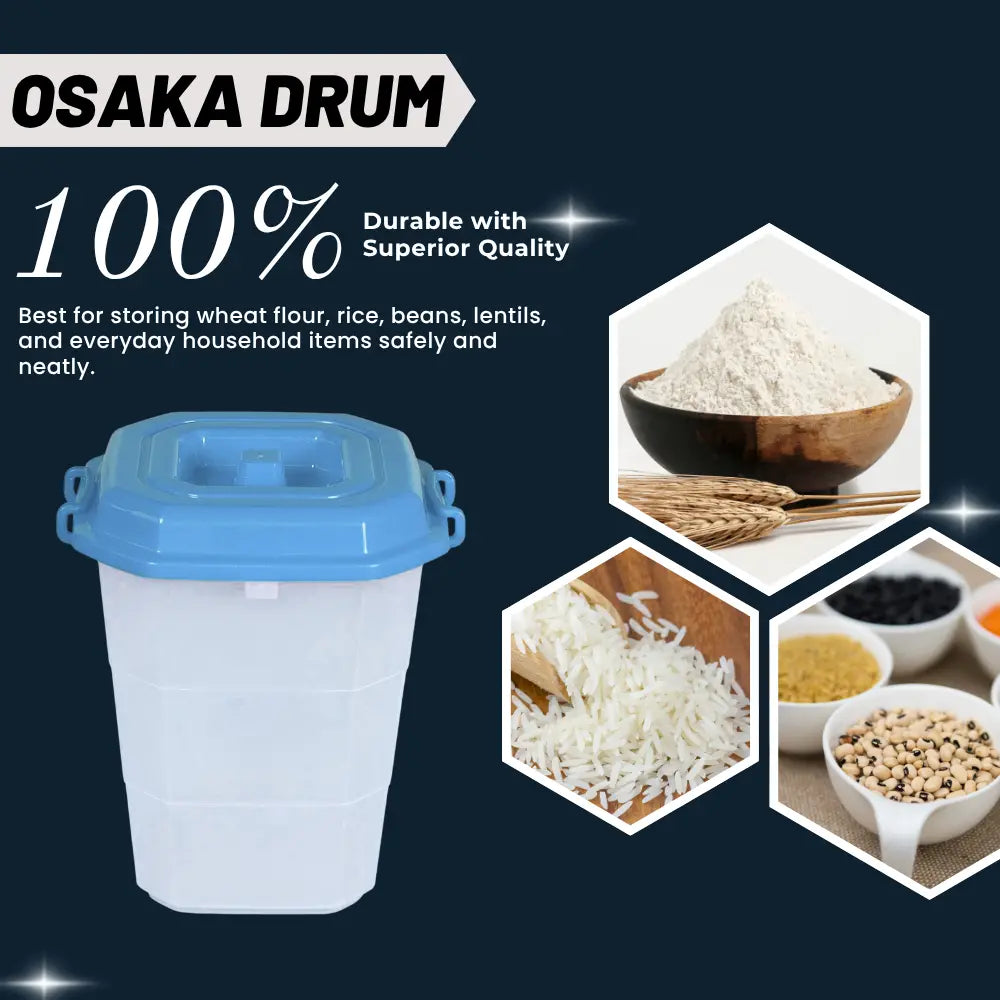 Osaka Drum container with images of stored grains and text about durability and quality.