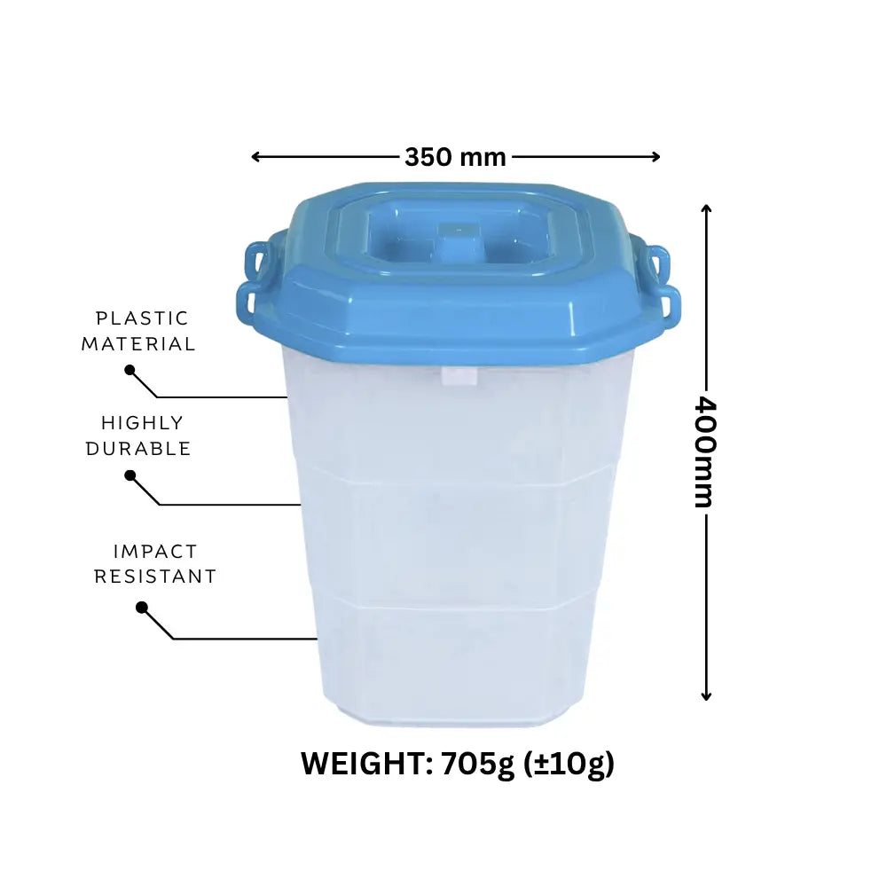 Plastic storage container with blue lid showing dimensions and material properties
