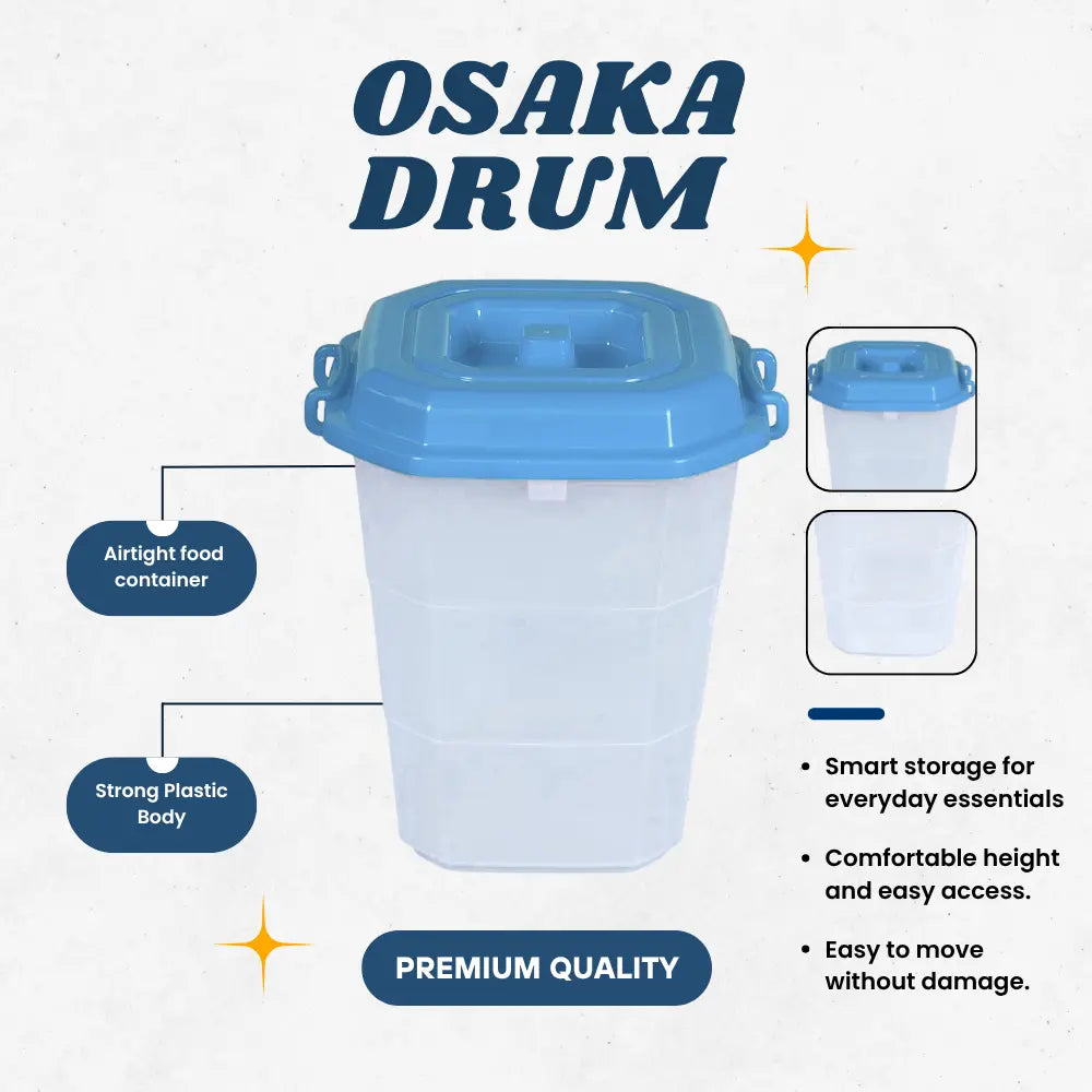Blue Plastic container labeled 'Osaka Drum' with features highlighted