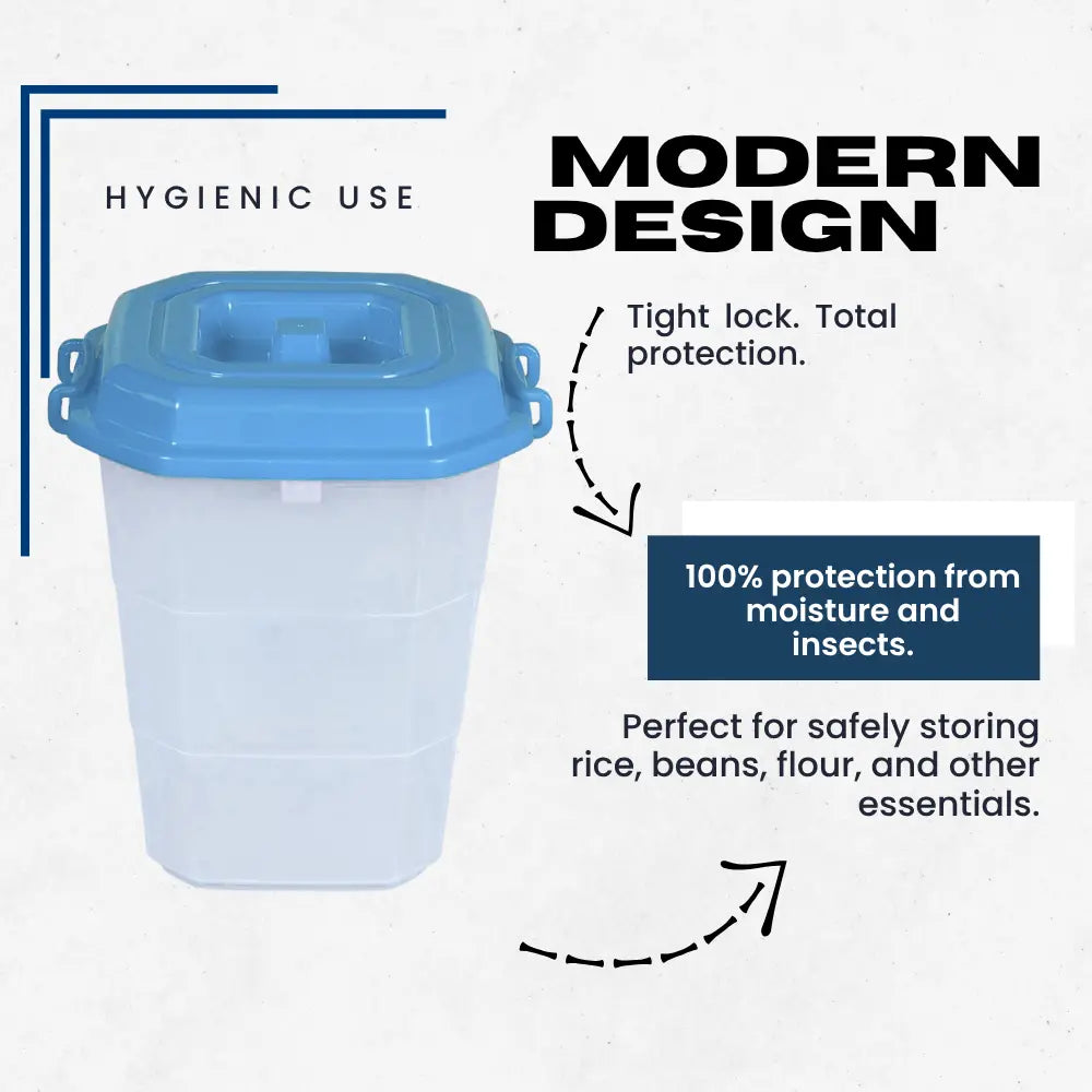 Blue storage container with text highlighting hygienic use and modern design