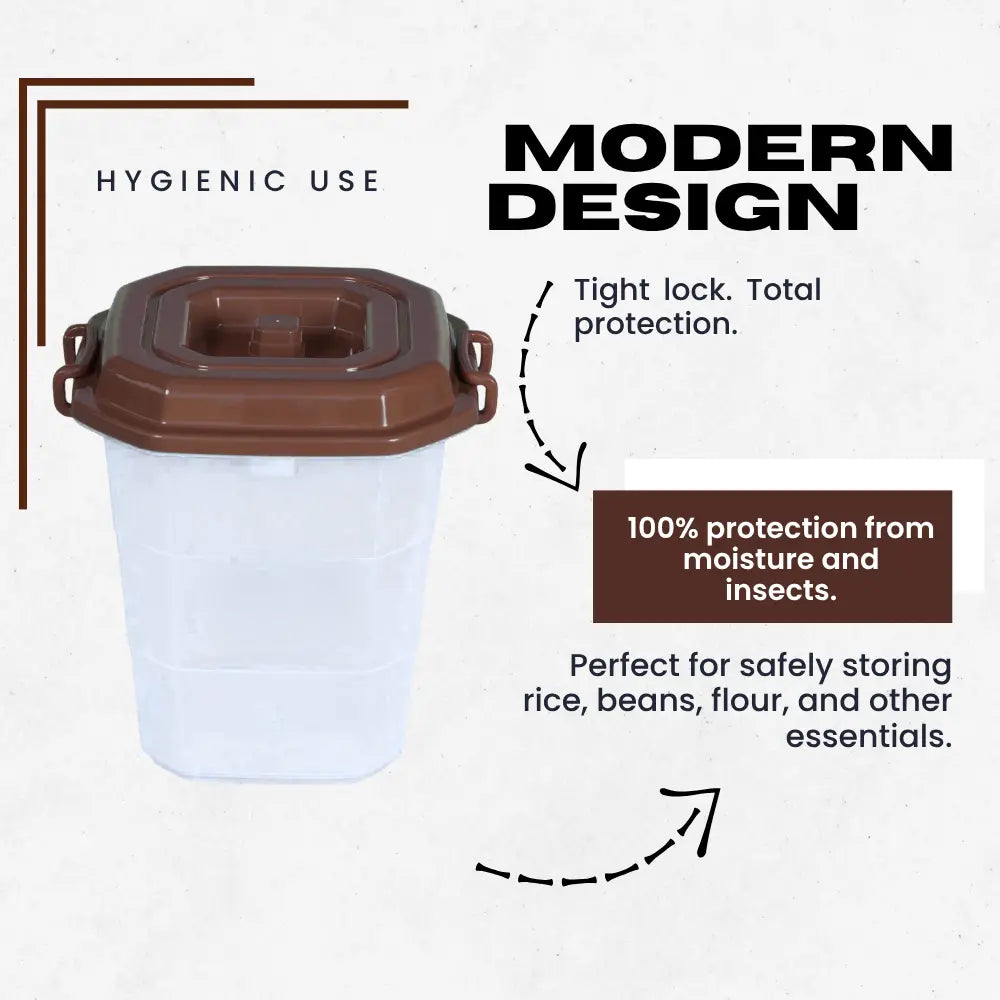 Storage Container with brown lid, featuring text about hygienic use and modern design.