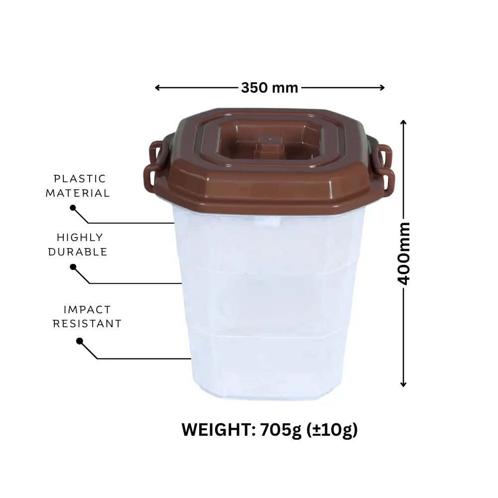 Plastic container with brown lid and measurements