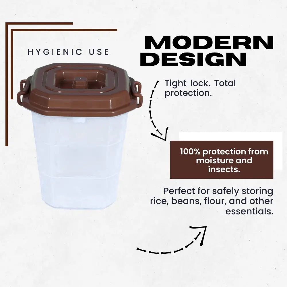 Container with a brown lid featuring text about hygienic use and modern design.