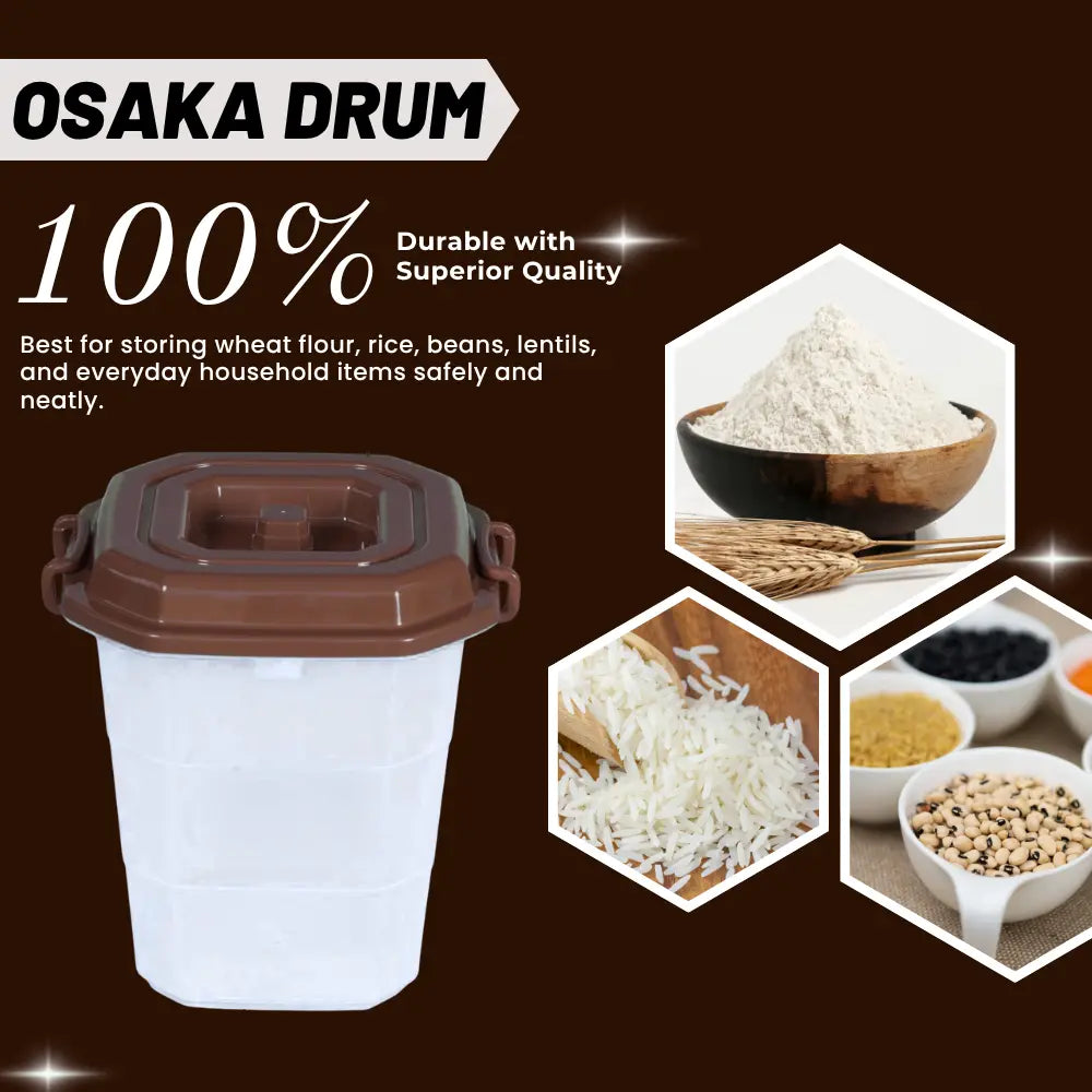 Brown Osaka Drum storage container with images of stored items