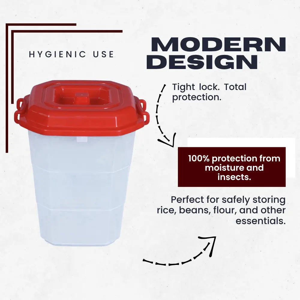 Storage Container with red lid featuring text about hygienic use and modern design.