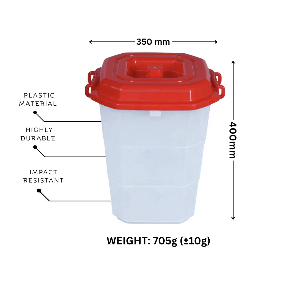 Storage container with red lid and dimensions