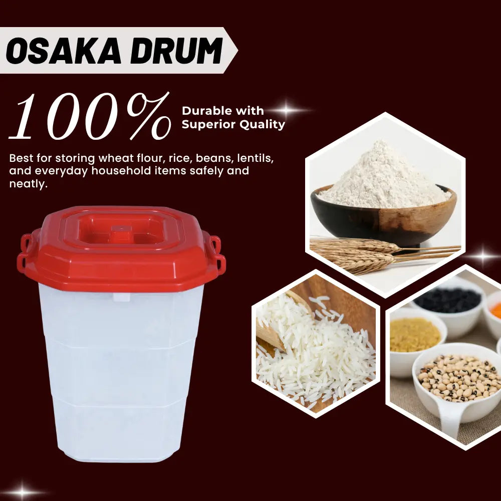 Osaka Drum container with red lid featuring images of stored items.