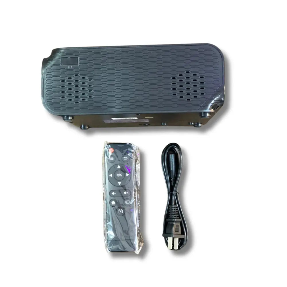Black projector with remote control and cable