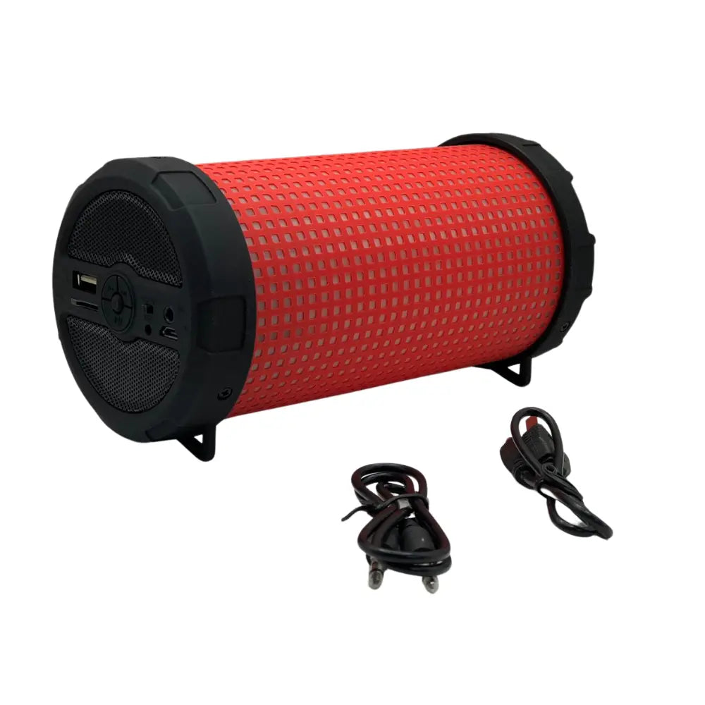 Red cylindrical speaker of black accents with USB Cable & Wire