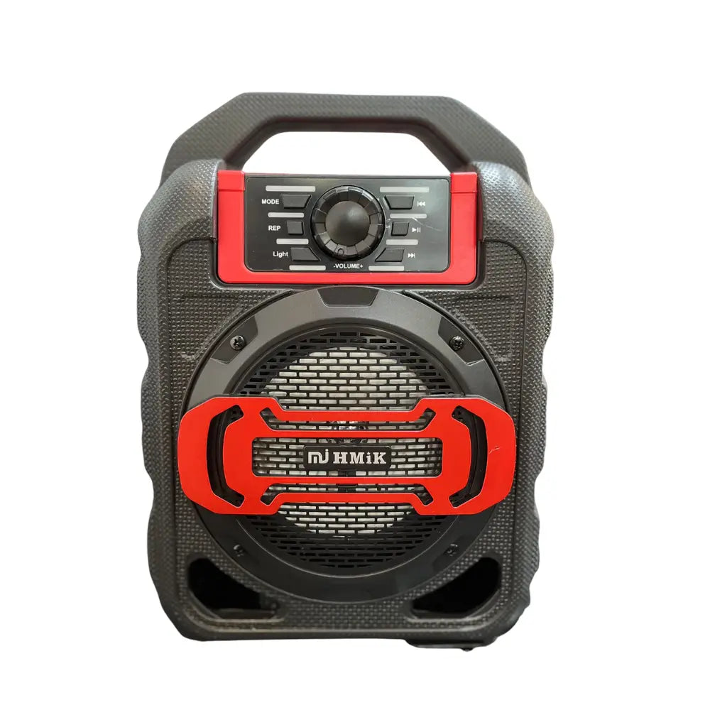 Black and red portable speaker with visible brand logo on a white background