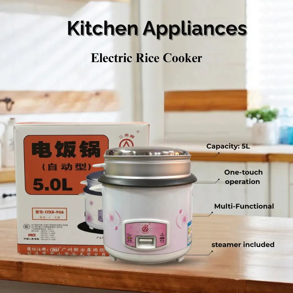 Electric rice cooker with packaging on a kitchen counter, labeled as a multi-functional appliance with steamer included.