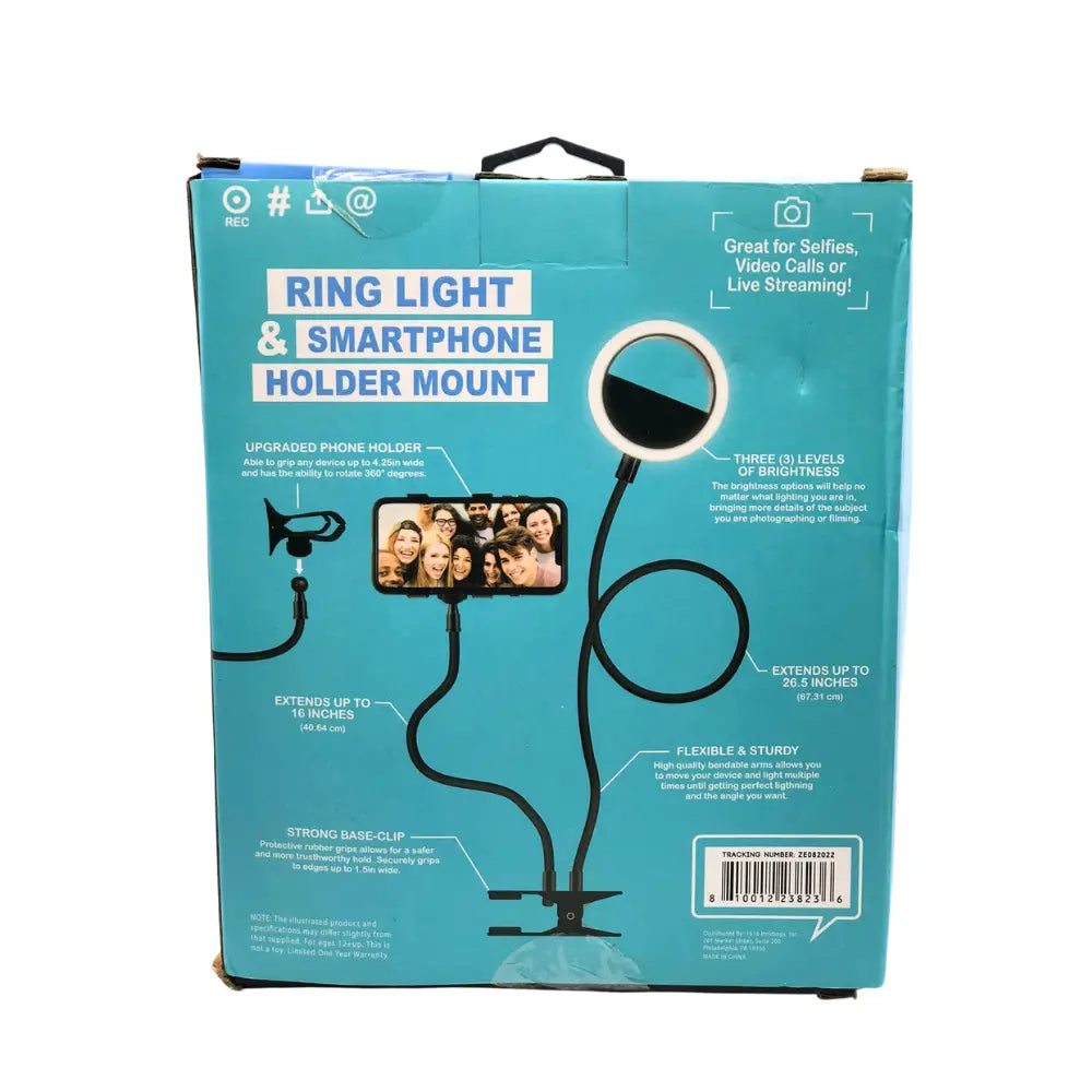 Box packaging of a ring light and smartphone holder mount with text and images on a white background.
