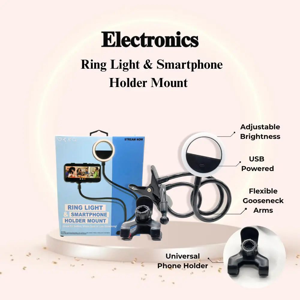 Ring light and smartphone holder mount with features highlighted on a white background