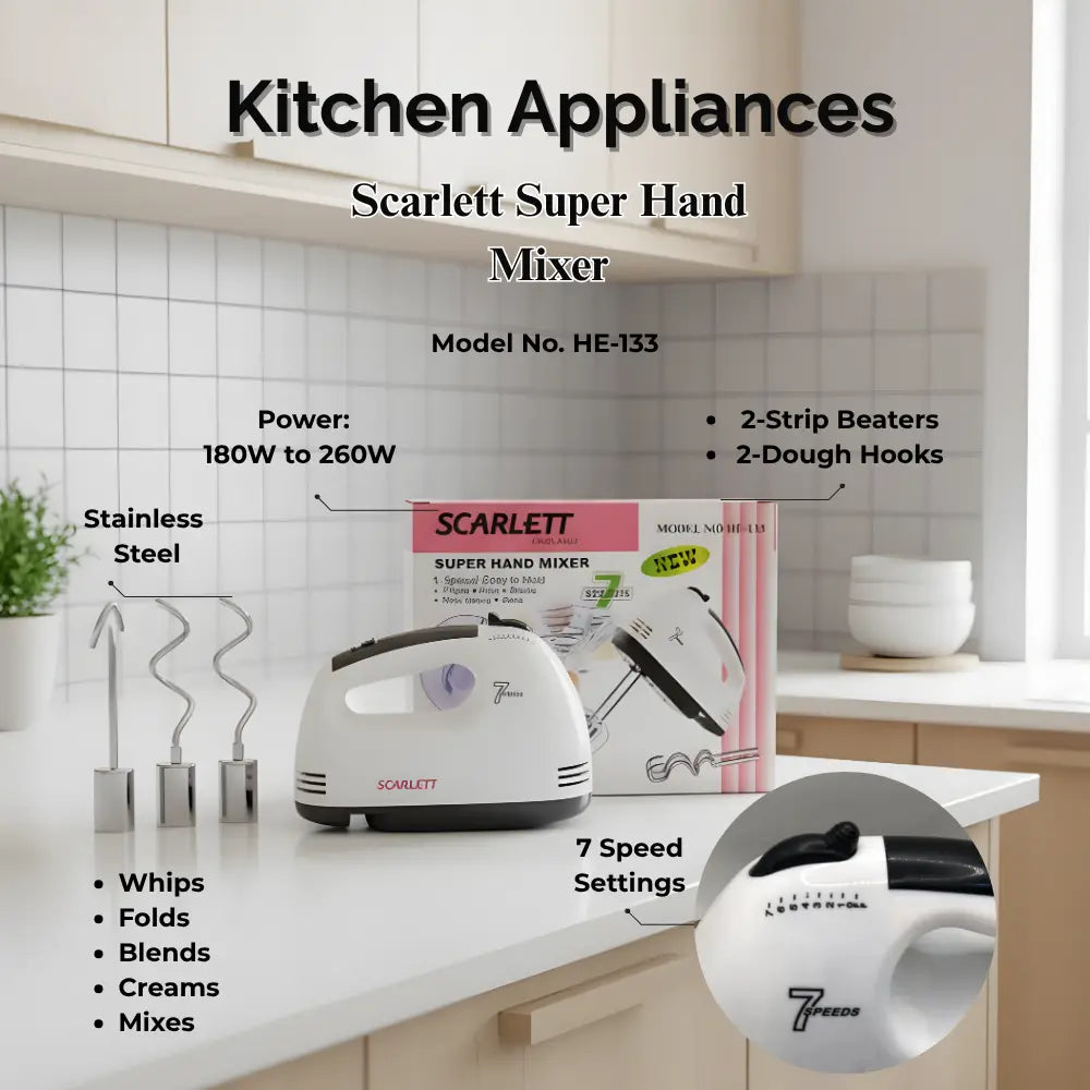 Scarlett Super Hand Mixer on a kitchen counter with product details