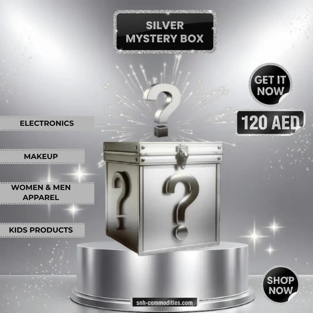 Silver mystery box with question marks on a gray background, featuring text about product categories and price.