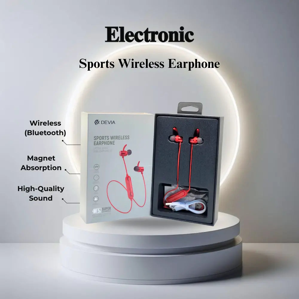 Sports wireless earphones with packaging on a round display stand, featuring text highlighting features.