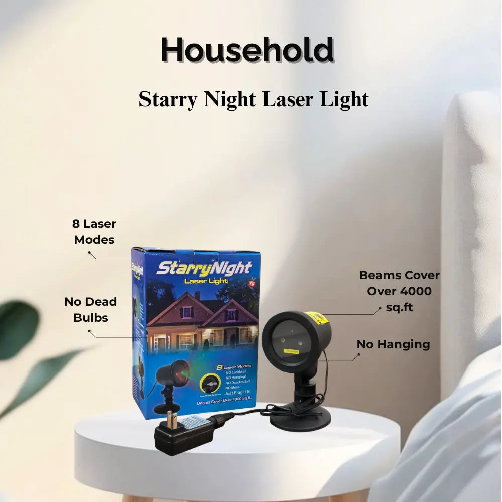 Starry Night Laser Light with packaging on a white surface, featuring text highlighting features.