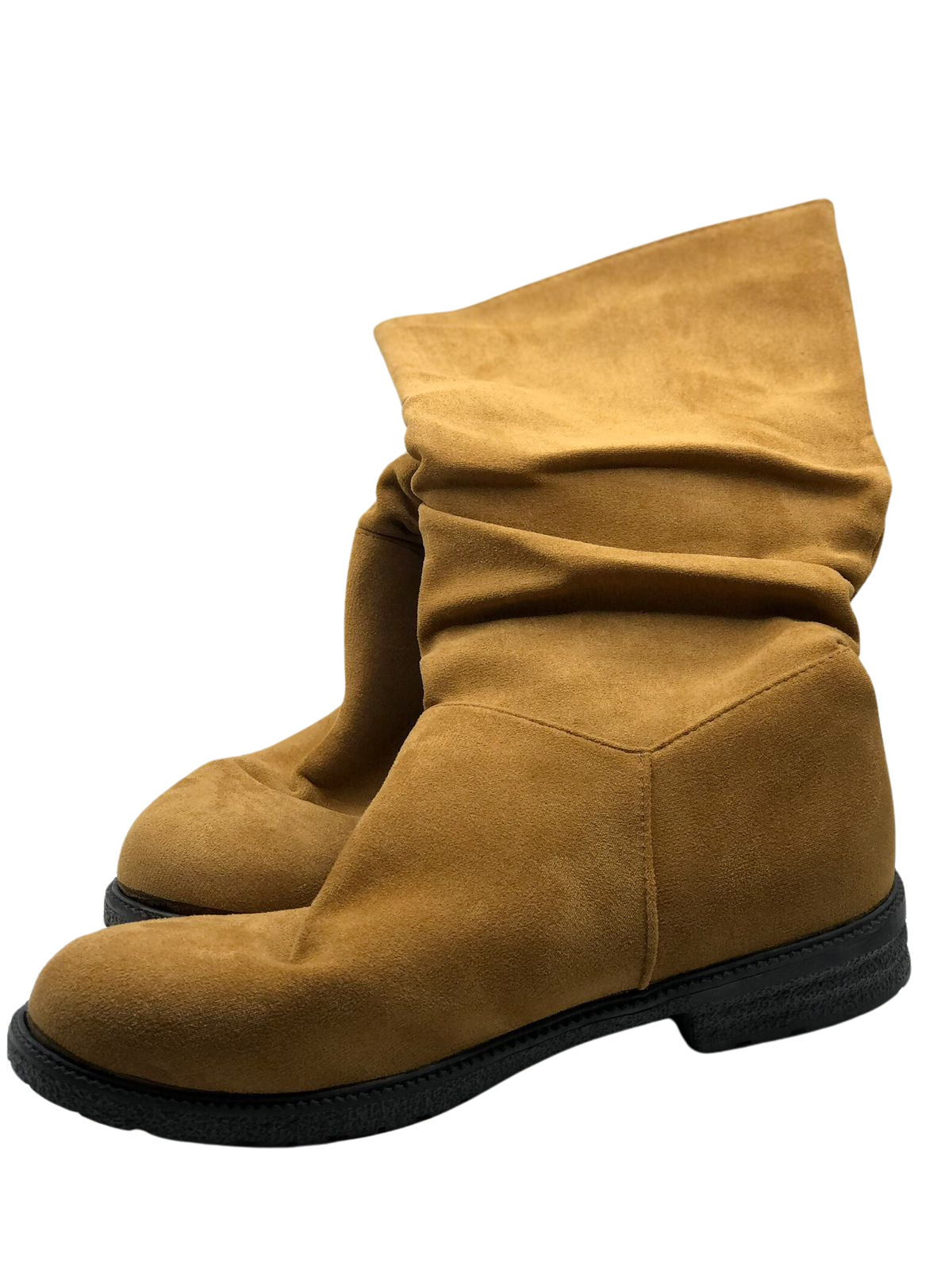 Tan Suede Fold-Over Boots with Black Rubber Soles