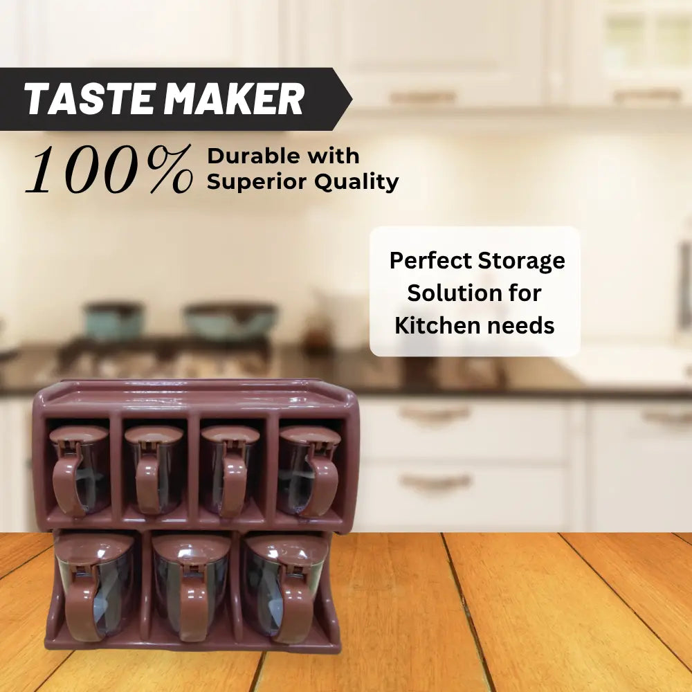 Taste Maker spice rack with text on durability and quality in a kitchen setting