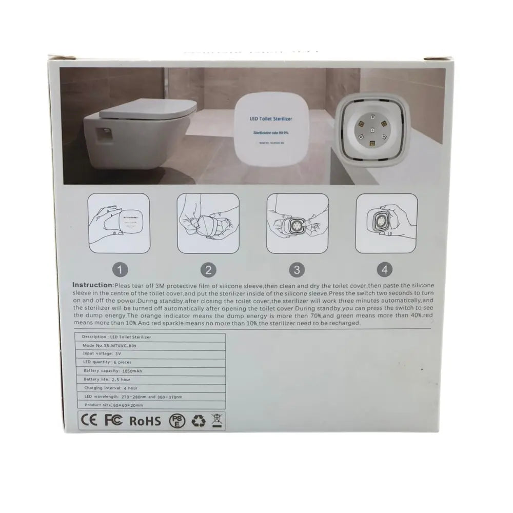Back view of a LED Toilet Sanitizer packaging with instructions and text.