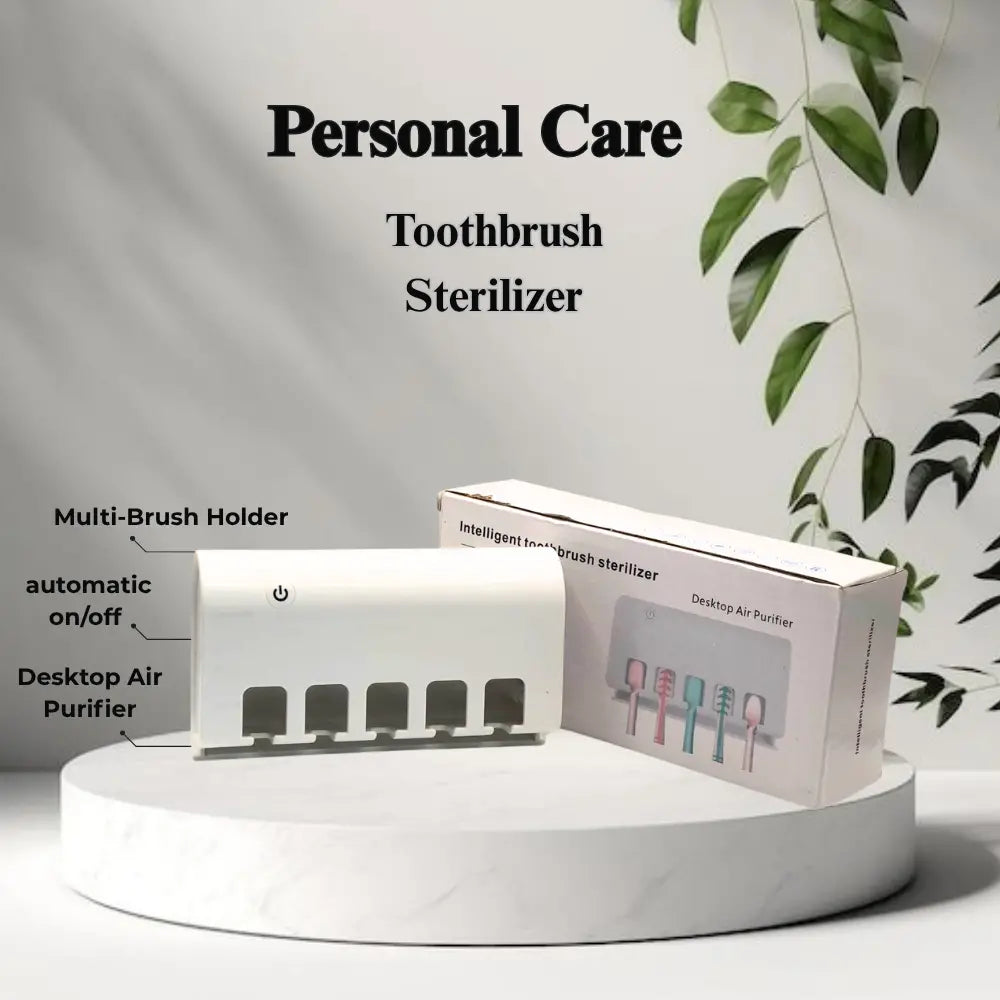 Personal care product with toothbrush sterilizer, multi-brush holder, and desktop air purifier