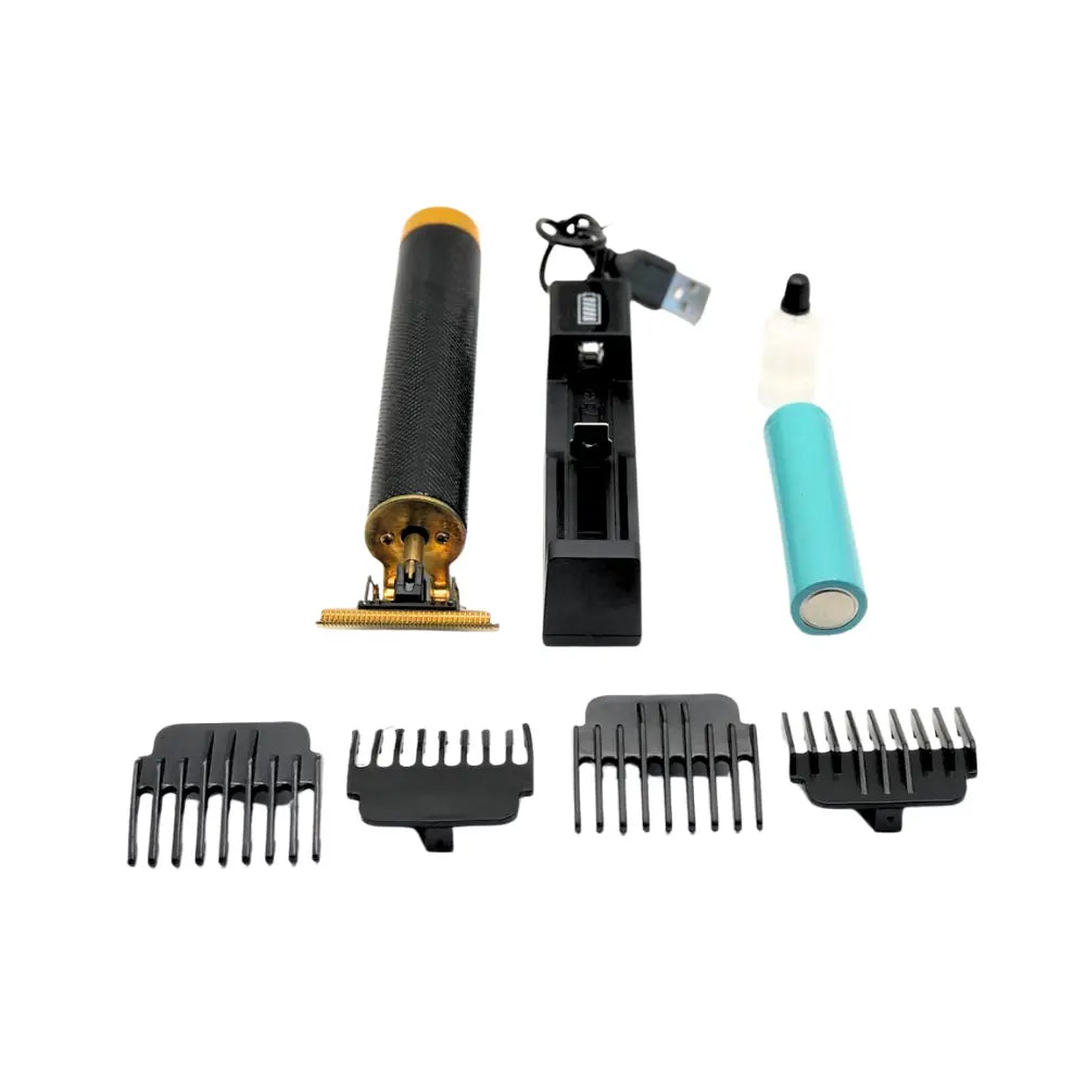 Set of grooming & Trimmer tools including a cylindrical brush, comb attachments, and a blue handle