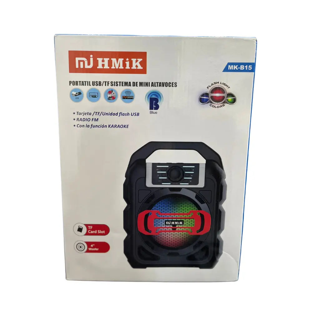 Box of a portable USB/TF Speaker system with LED lights on a white background