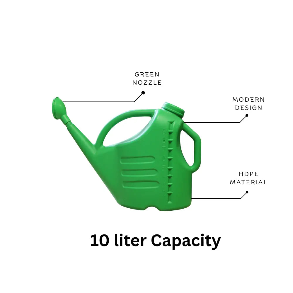 Green watering can of 10 liter with labeled features