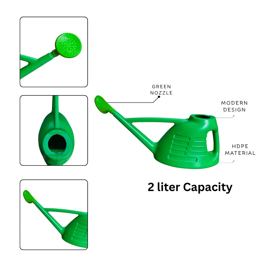 2 liter Green watering can with features highlighted 