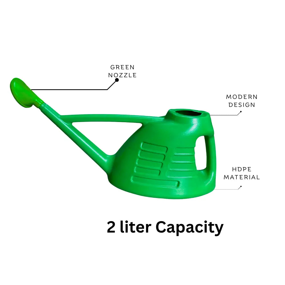 Green watering can with features labeled