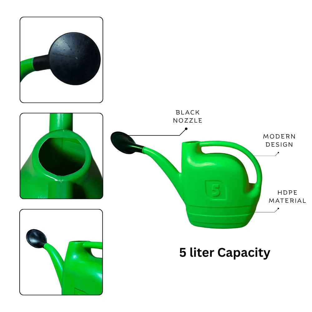 5 liter Green watering can with black nozzle and modern design features