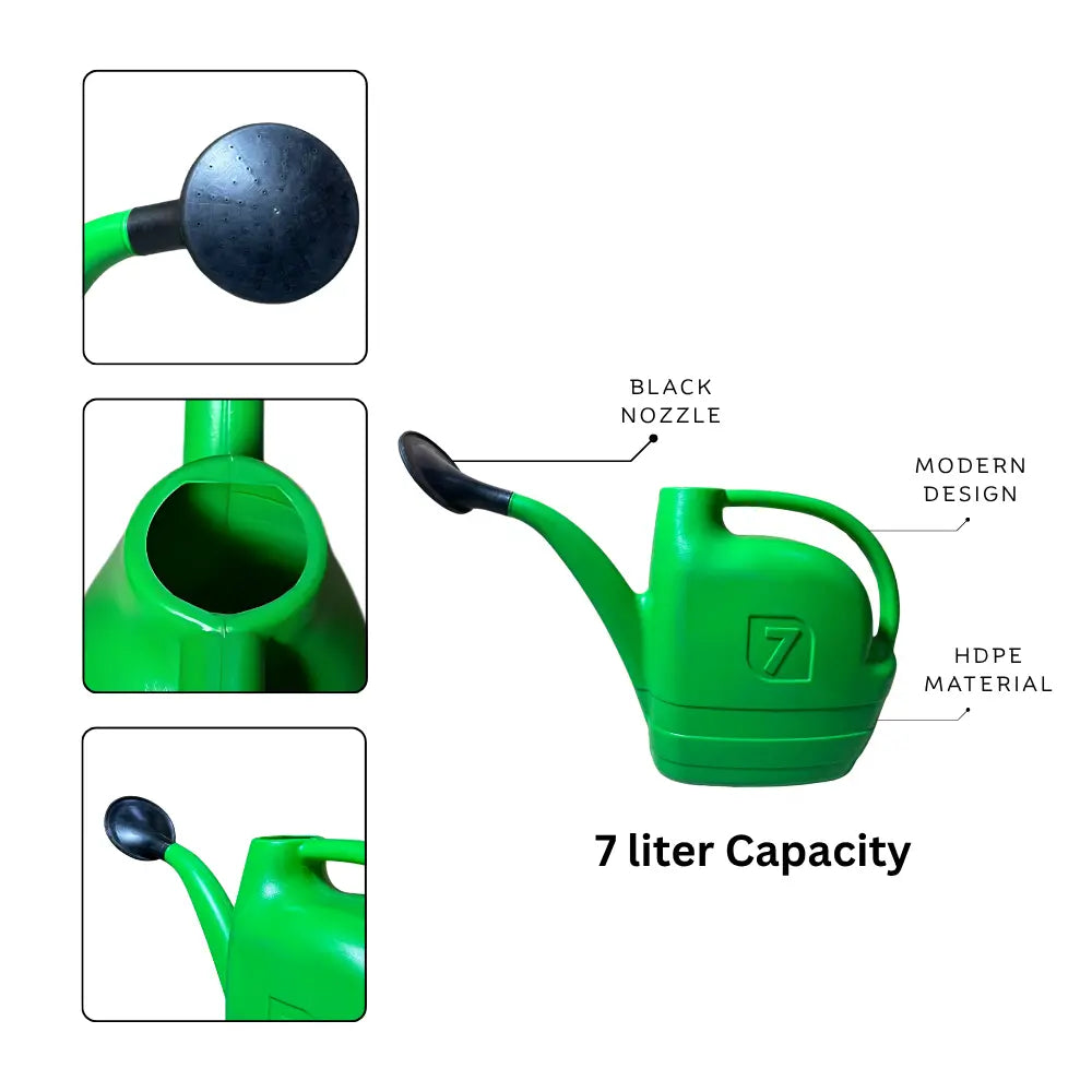 Green watering can with black nozzle, modern design, HDPE material, and 7-liter capacity