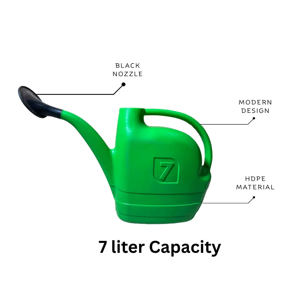 Green watering can with labeled features