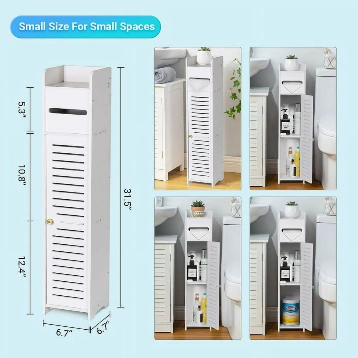 Narrow Bathroom Storage Cabinet Slim Toilet Paper Holder & Organizer with Louvered Door, 6.7x6.7x31.5"