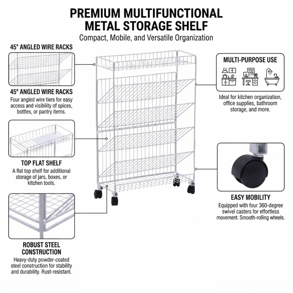 Slim Rolling Storage Cart 4 Tier Wire Rack with Angled Shelves & Wheels
