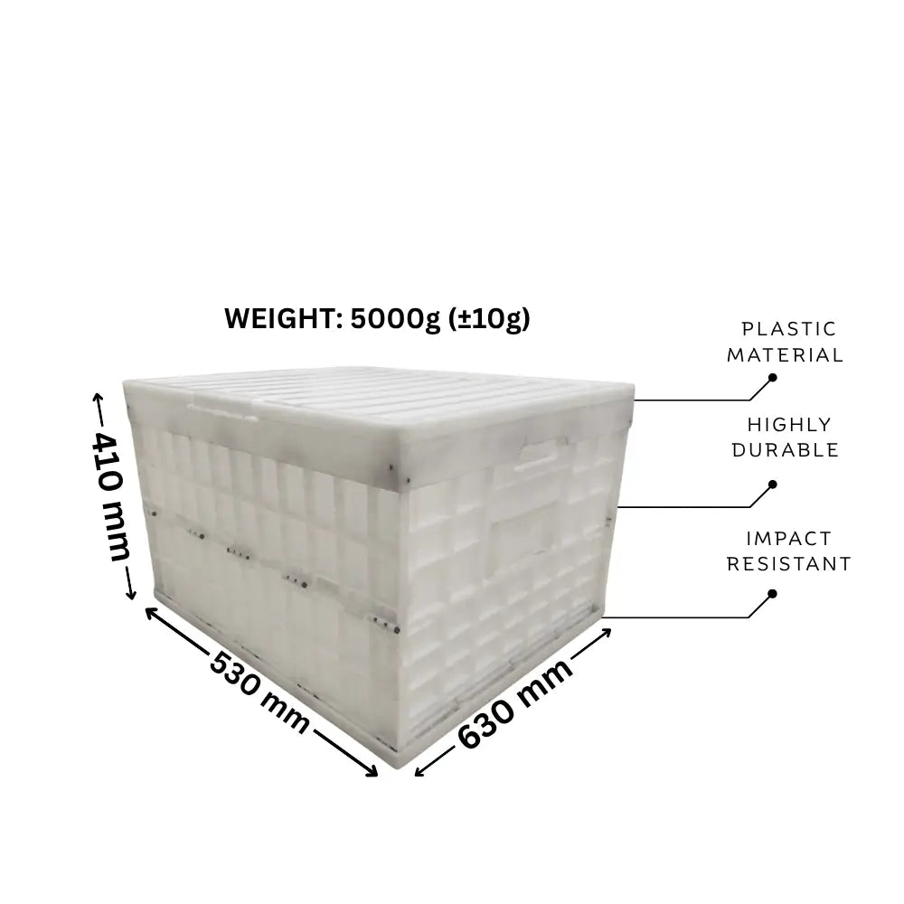 White folding crate with measurements, weight, material, and durability details