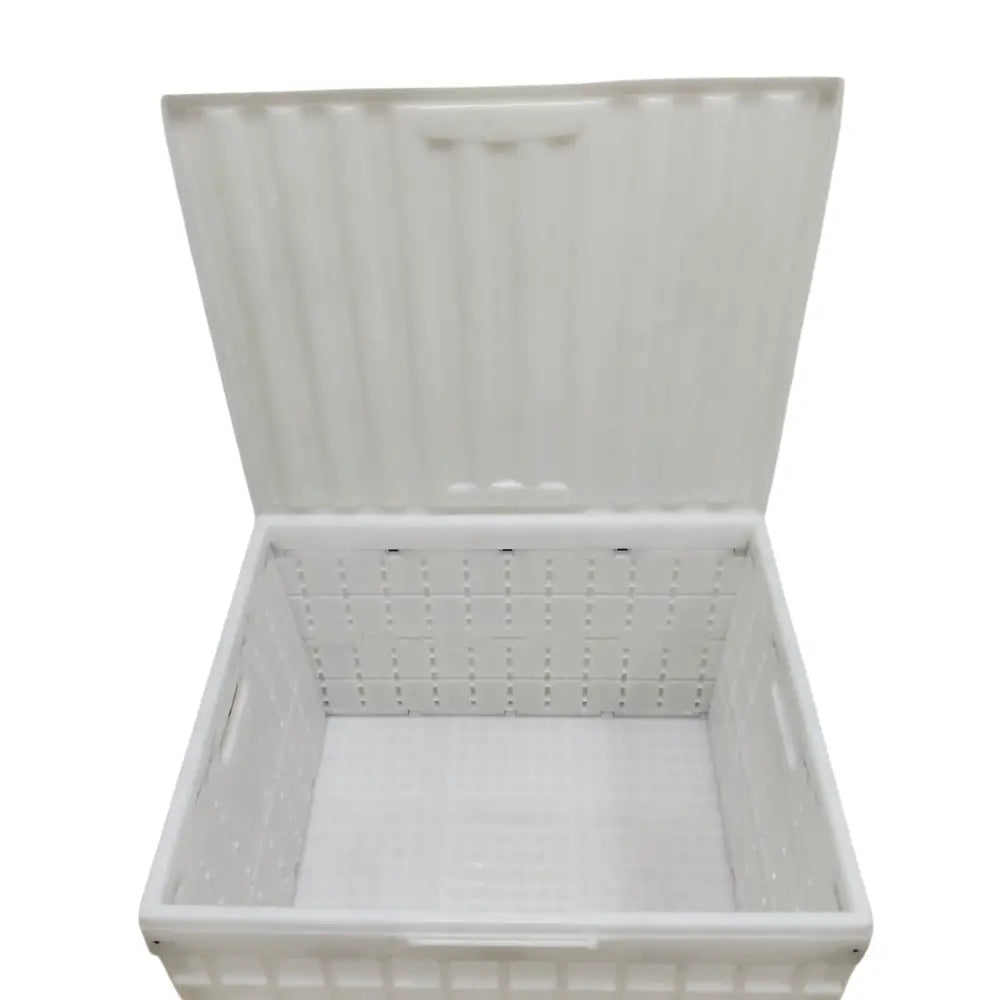 White plastic folding storage crate with open lid