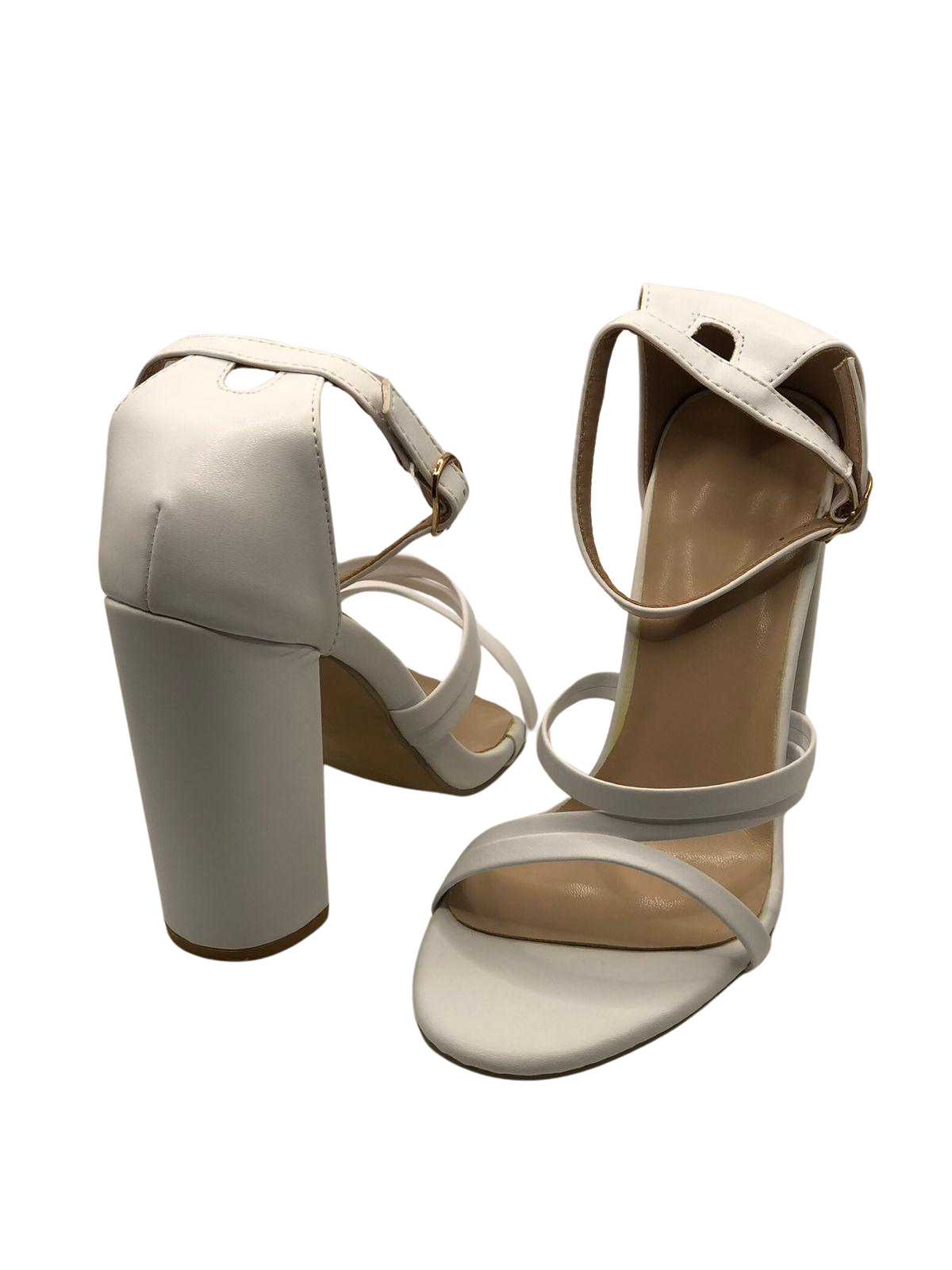 White Block-Heel Ankle Strap Sandals