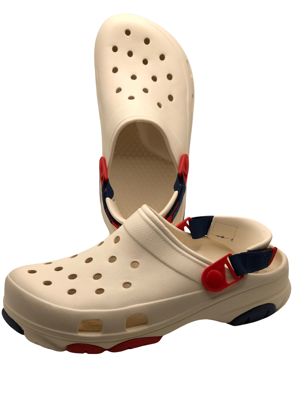 White Crocs Clogs with Red and Blue Accents